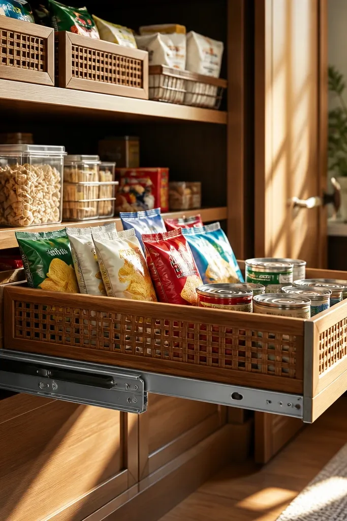 Pull-out basket on a small pantry shelf with rails extending outward
