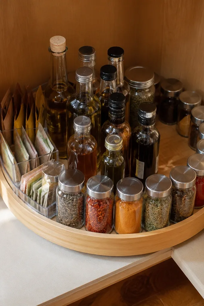 Small pantry corner with a rotating turntable holding oils and spices