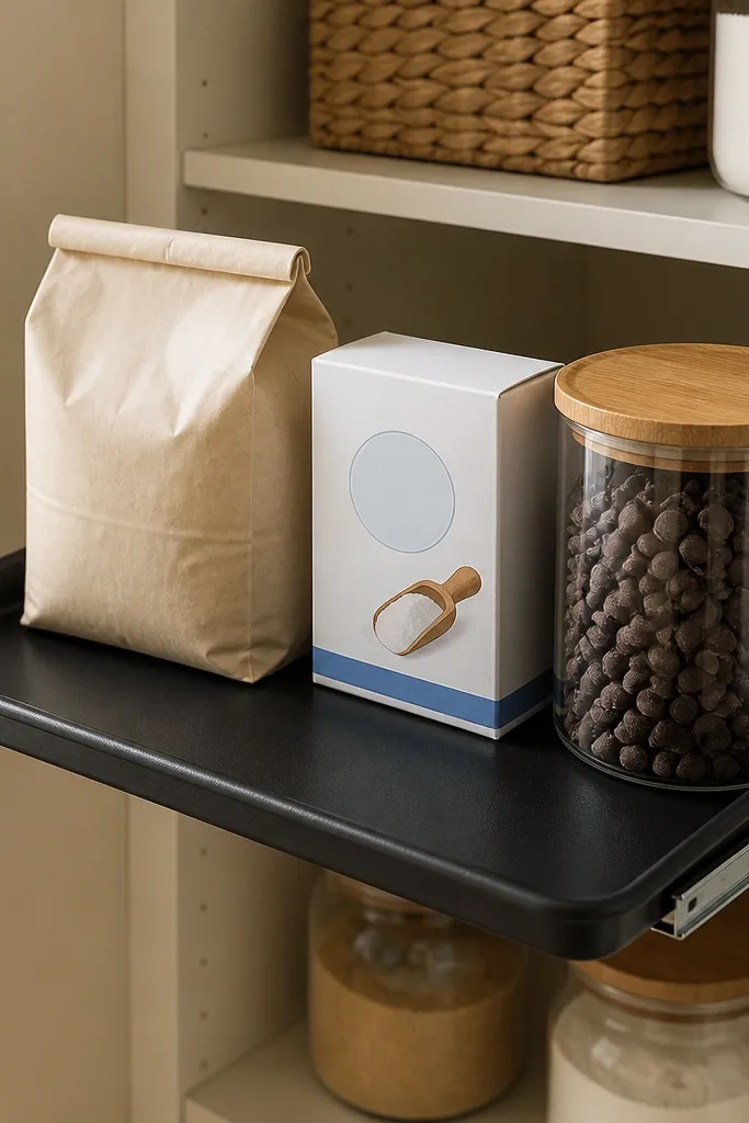 Pantry shelf with a pull-out flat tray holding baking items