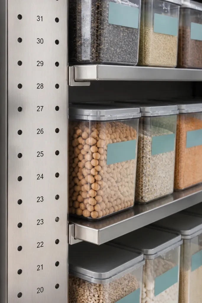 Pantry shelves with adjustable pegs and numbered placement marks