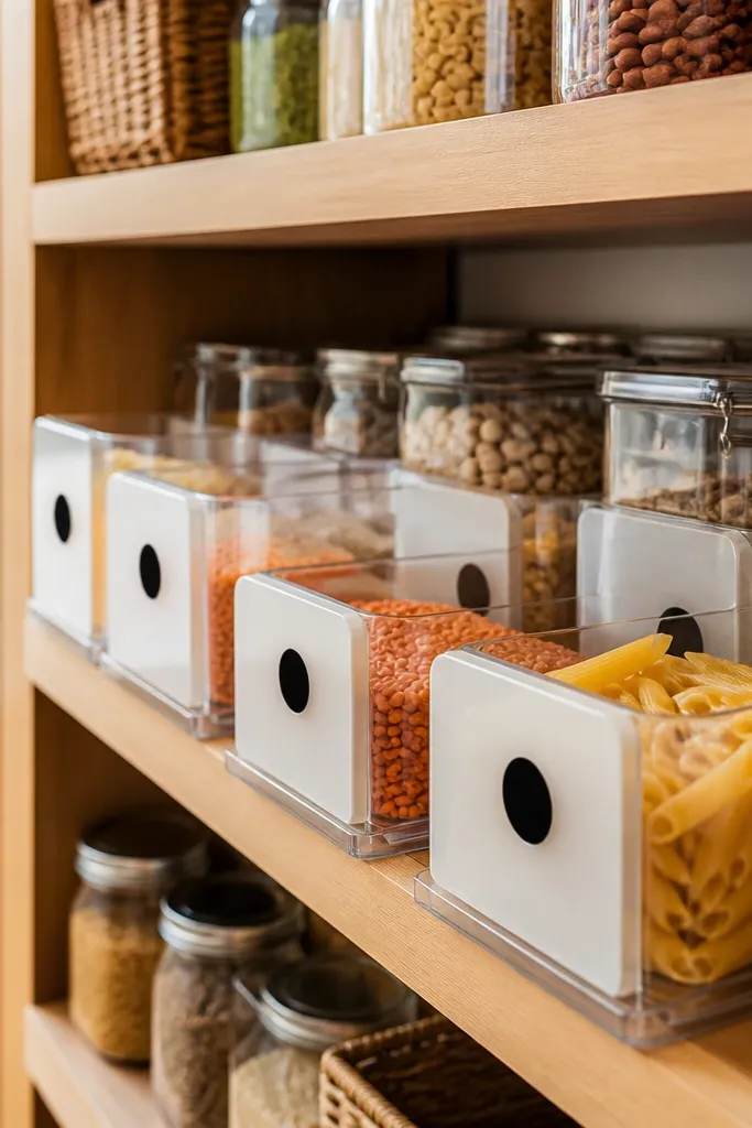 Small pantry shelf with staggered bins creating extra reach space
