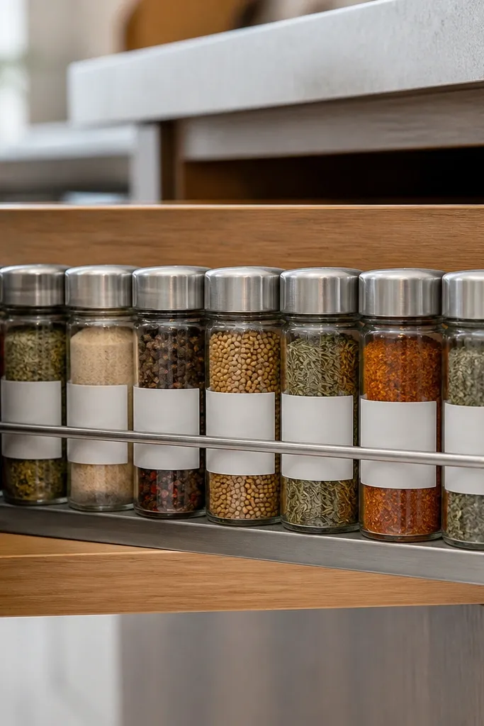 Pantry shelf insert with spice jars held by a magnetic strip and labels