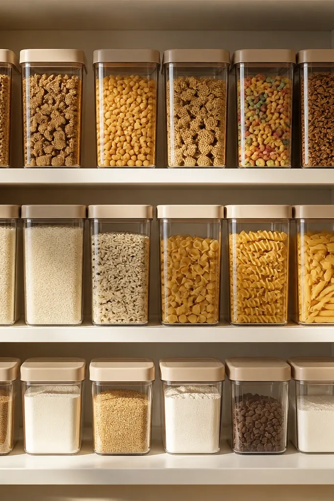 Clear stackable canisters on a pantry shelf with consistent front alignment