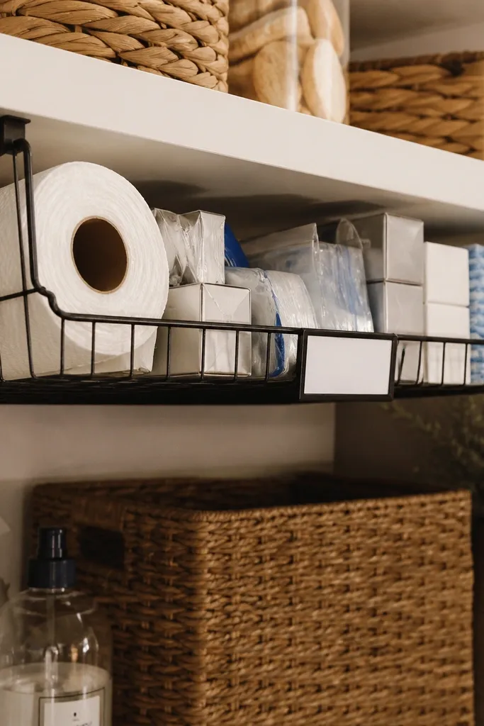 Under-shelf basket in a pantry with labeled bins for backups