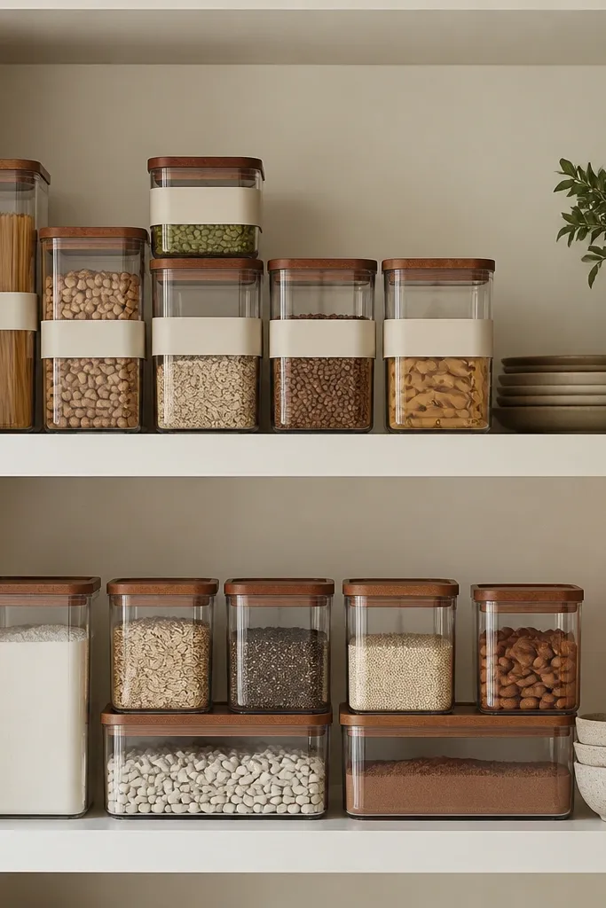 Pantry shelf with a finished back panel and neatly aligned containers