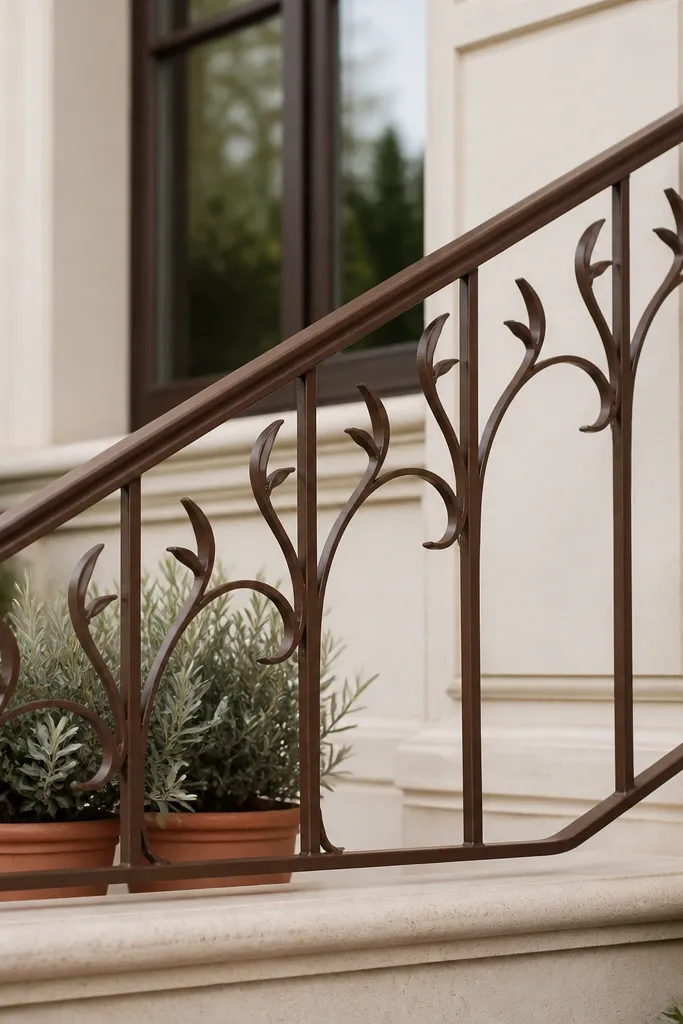 Bronze-brown railing with small leaf-shaped scroll details between vertical bars