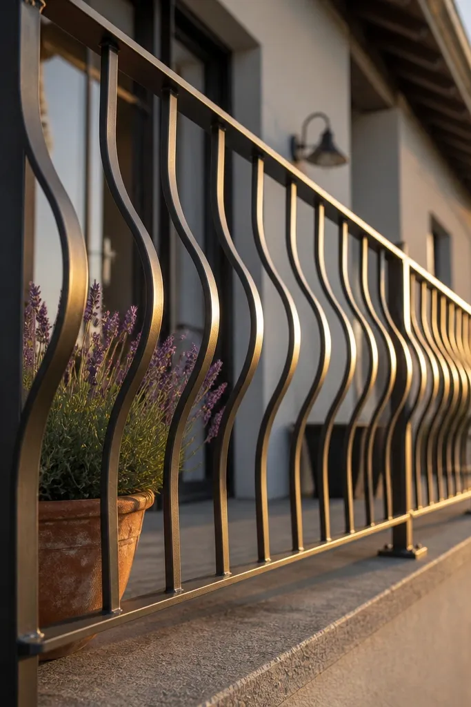 Matte black railing with repeating curved wave arcs made from flat steel bar