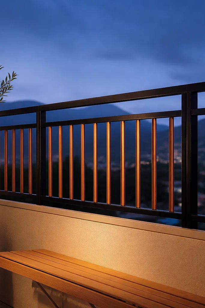 Two-tone railing with black frame and warm copper vertical accents