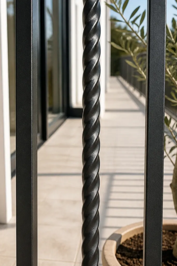 Matte black railing with twisted rope-like steel sections between posts