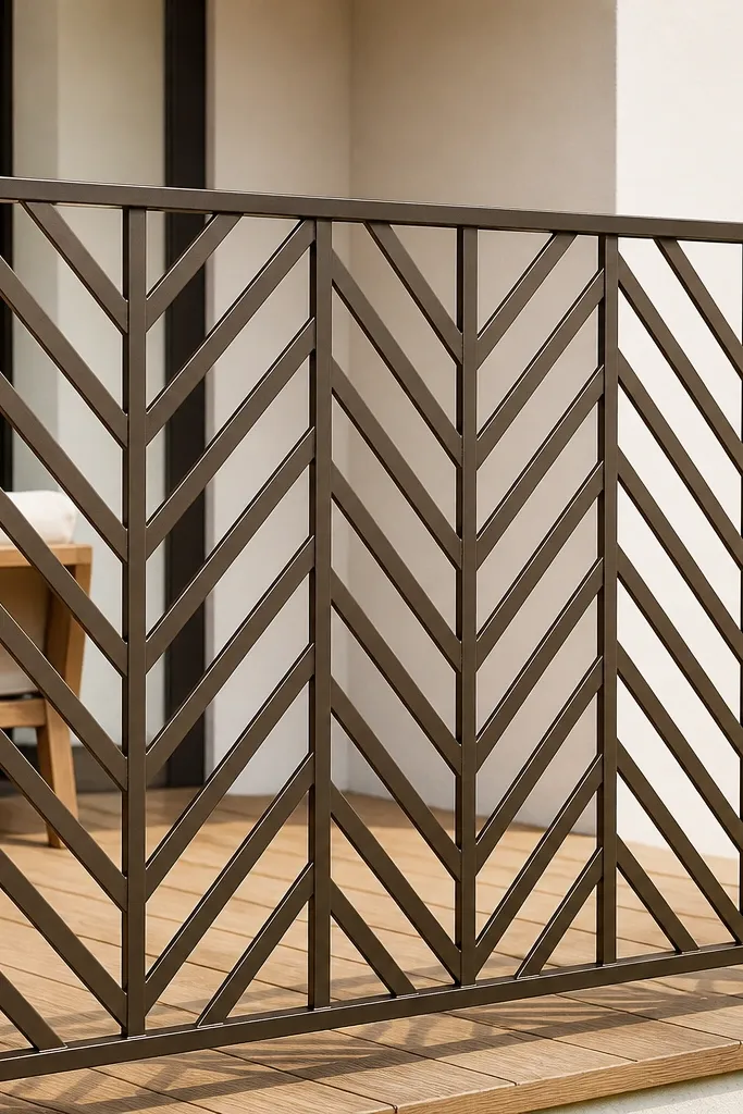 Black steel railing with a herringbone pattern made from flat bars