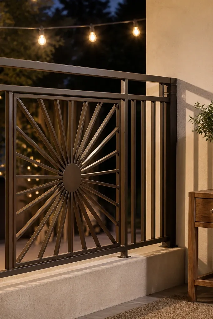 Railing with a sunburst panel in the middle and simple vertical bars on the sides