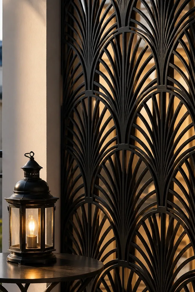 Art deco inspired railing with repeating vertical fan shapes in matte black