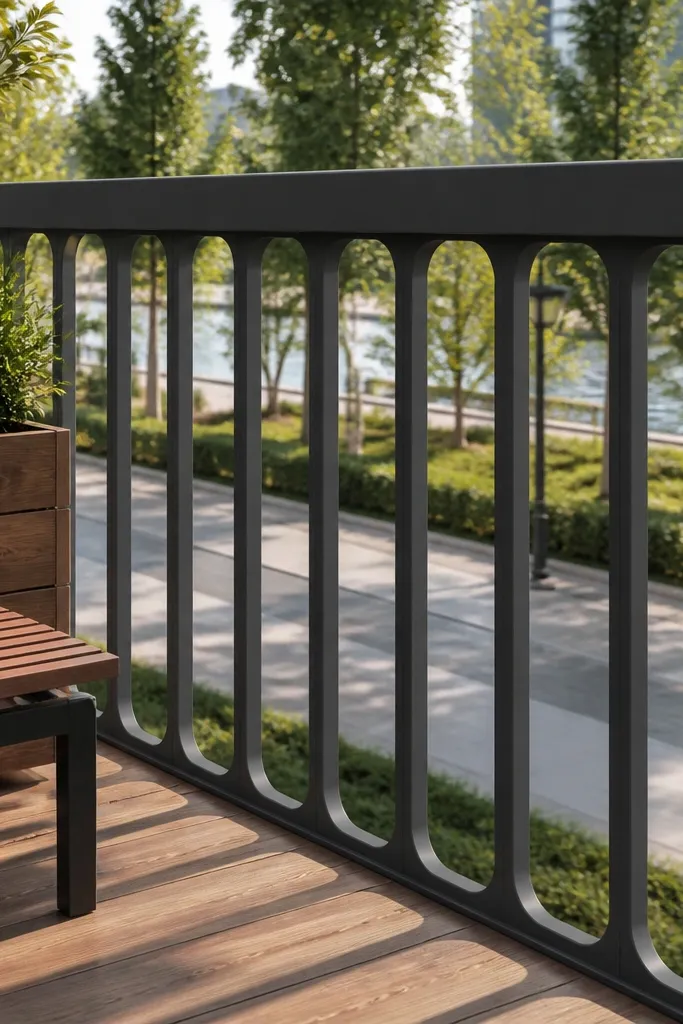 Steel railing with rounded rectangle openings and a solid dark top rail