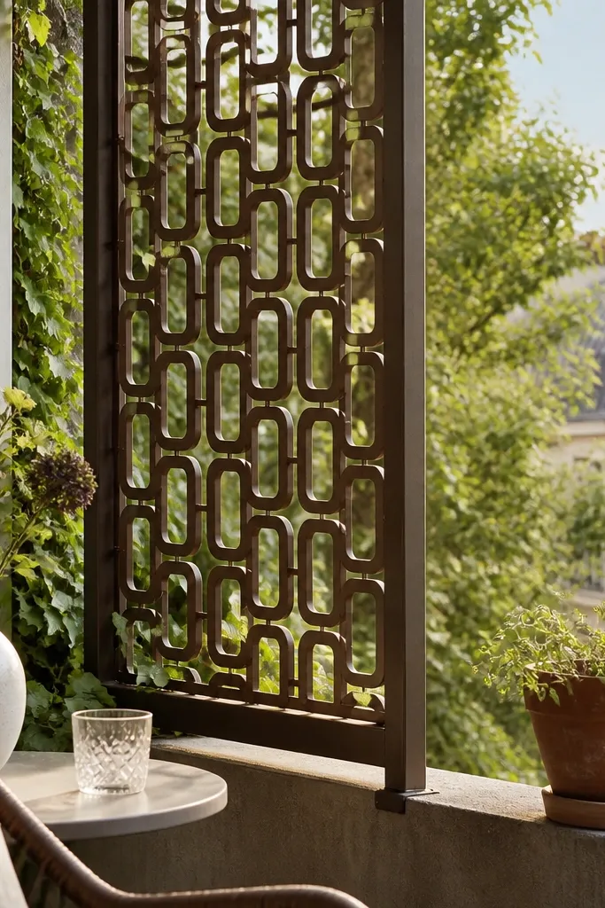Steel railing with open lattice rectangles and rounded corners in matte charcoal