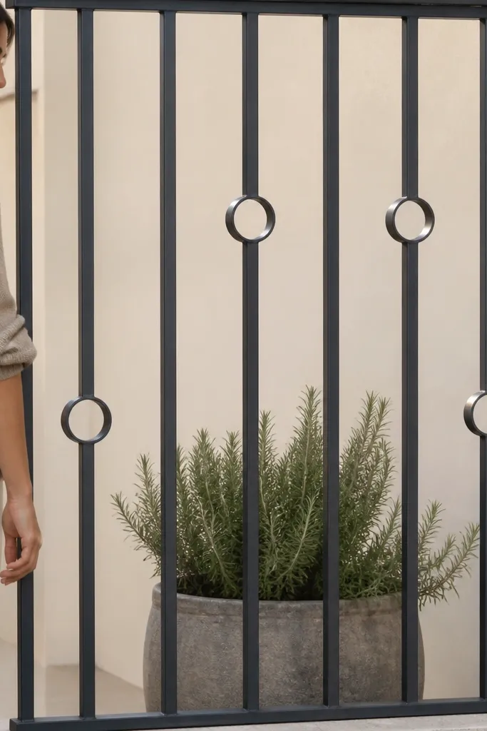 Black steel railing with vertical bars and small circular accents