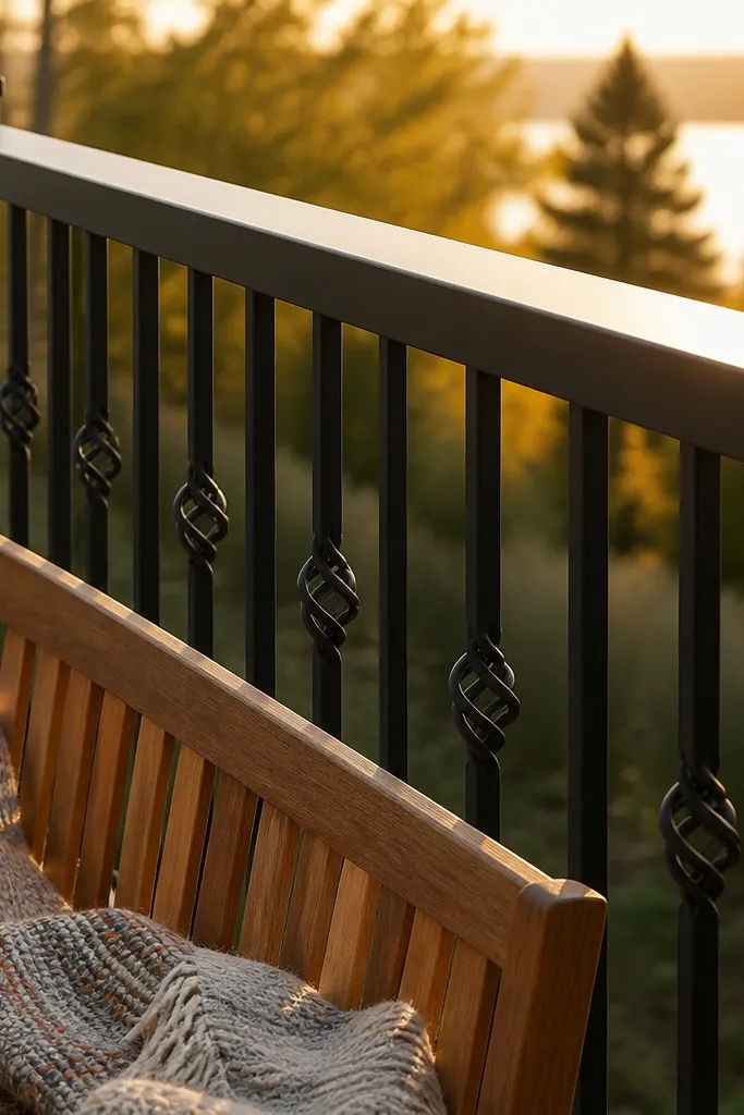Matte black railing with tall vertical pickets and small decorative knot details