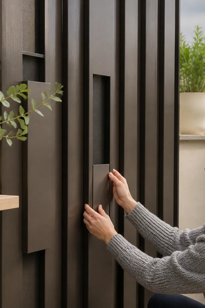 Dark bronze railing with vertical bars and recessed panel sections