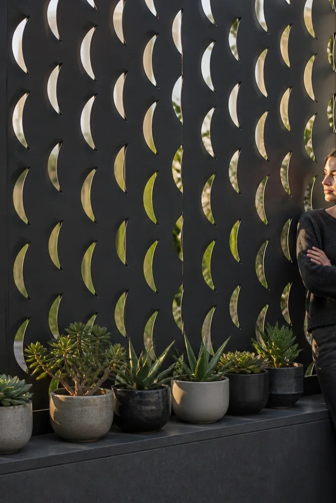 Charcoal railing with repeating half-moon cutouts and a simple top rail