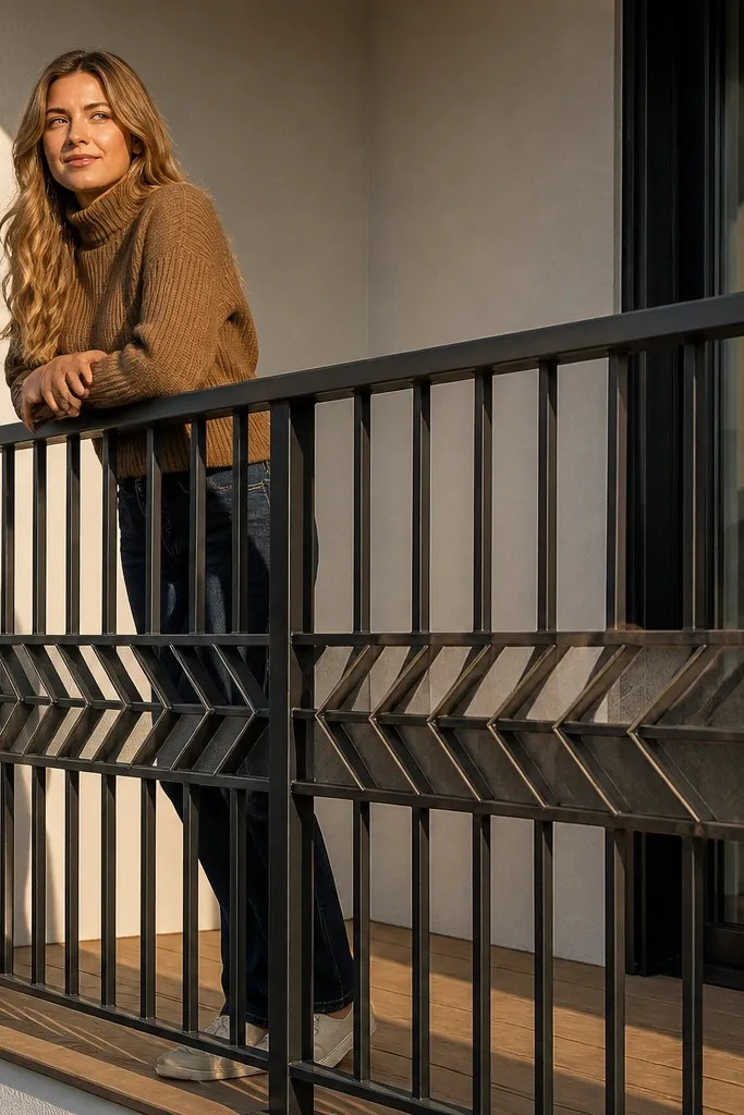 Matte black railing with a chevron center band and plain vertical sides