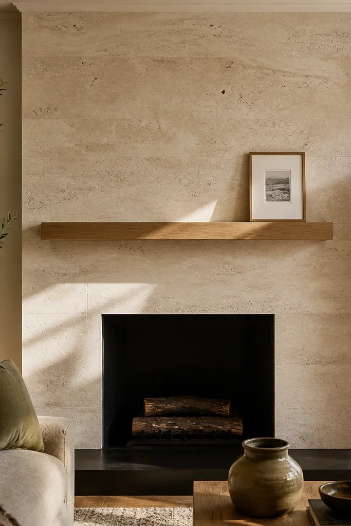 Cream travertine fireplace with black hearth and warm wood mantel