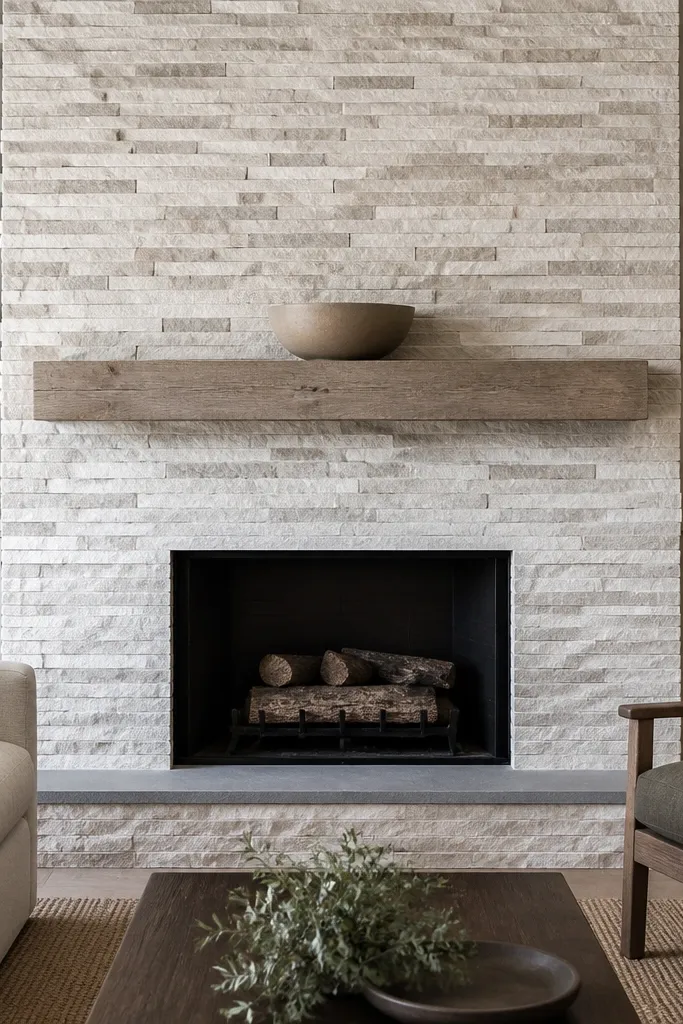 White quartzite stacked stone with light sand grout and simple mantel