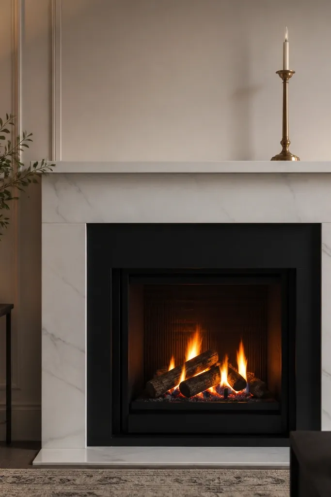 Honed white marble fireplace with matte black insert and slim mantel