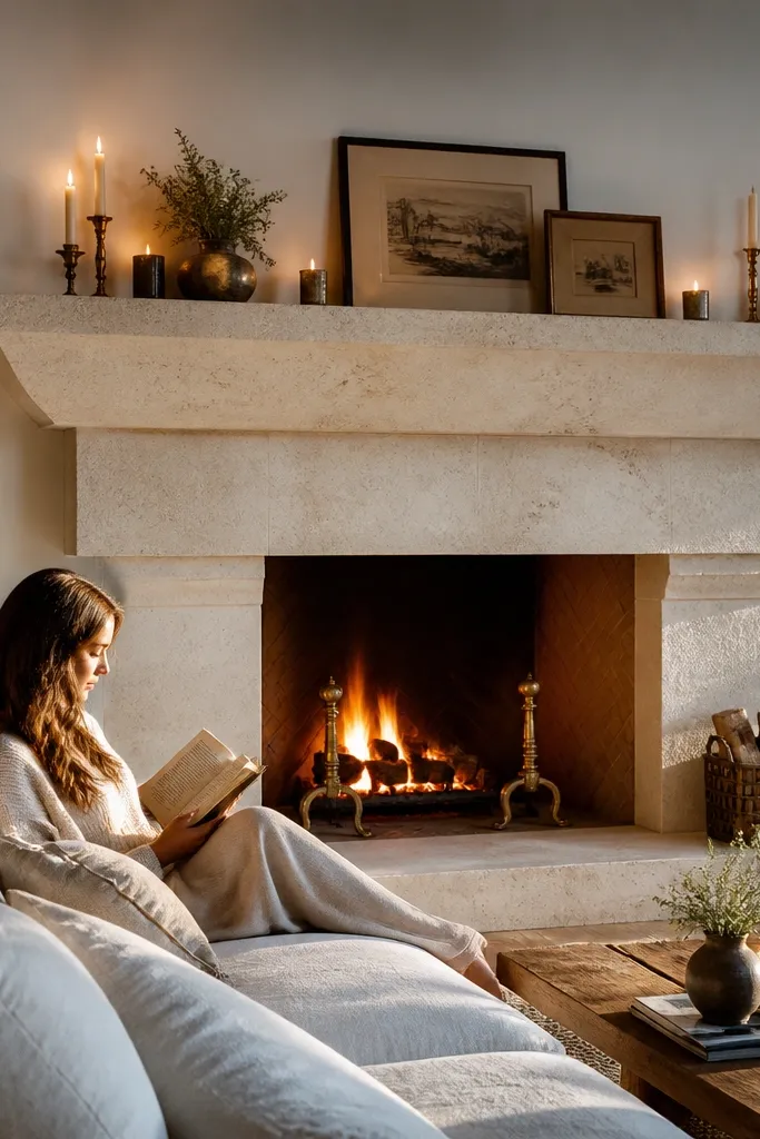 White limestone fireplace with wide mantel and wall sconces
