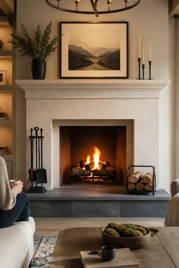 Warm white stone fireplace with slate-gray hearth and black accents