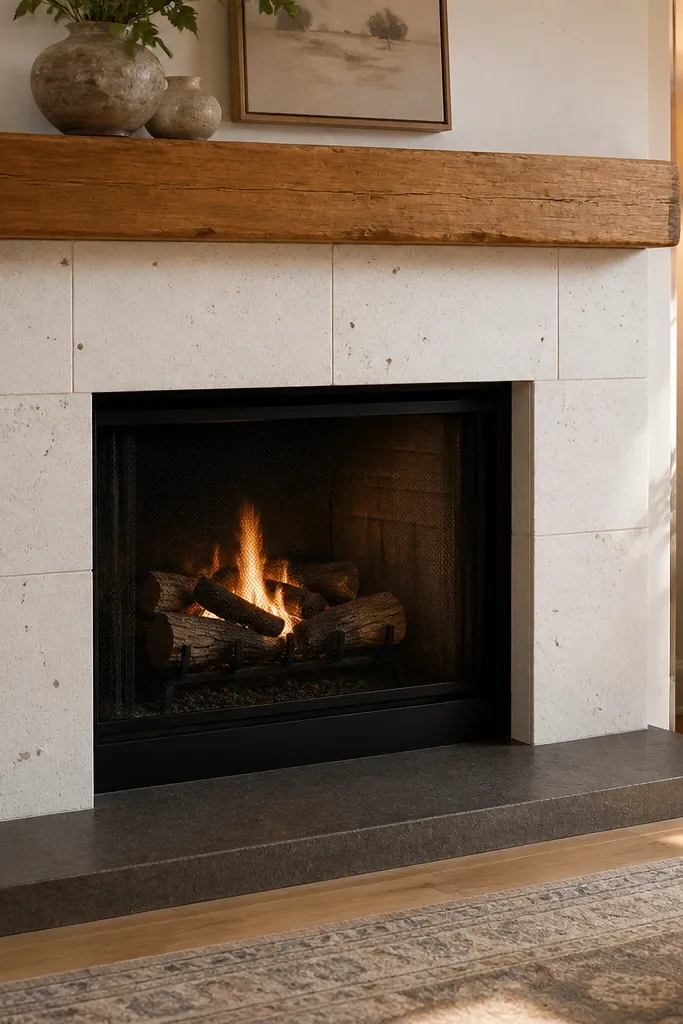 White tiled fireplace with wood beam mantel and warm hearth pad