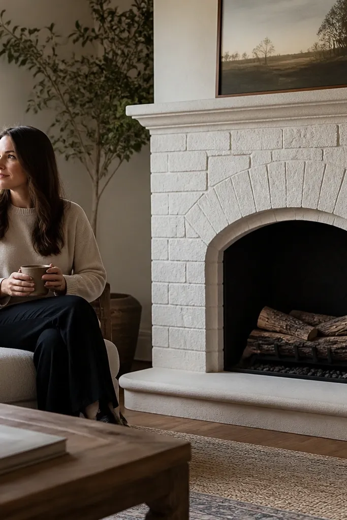 White stone fireplace with arched surround and rounded hearth edge