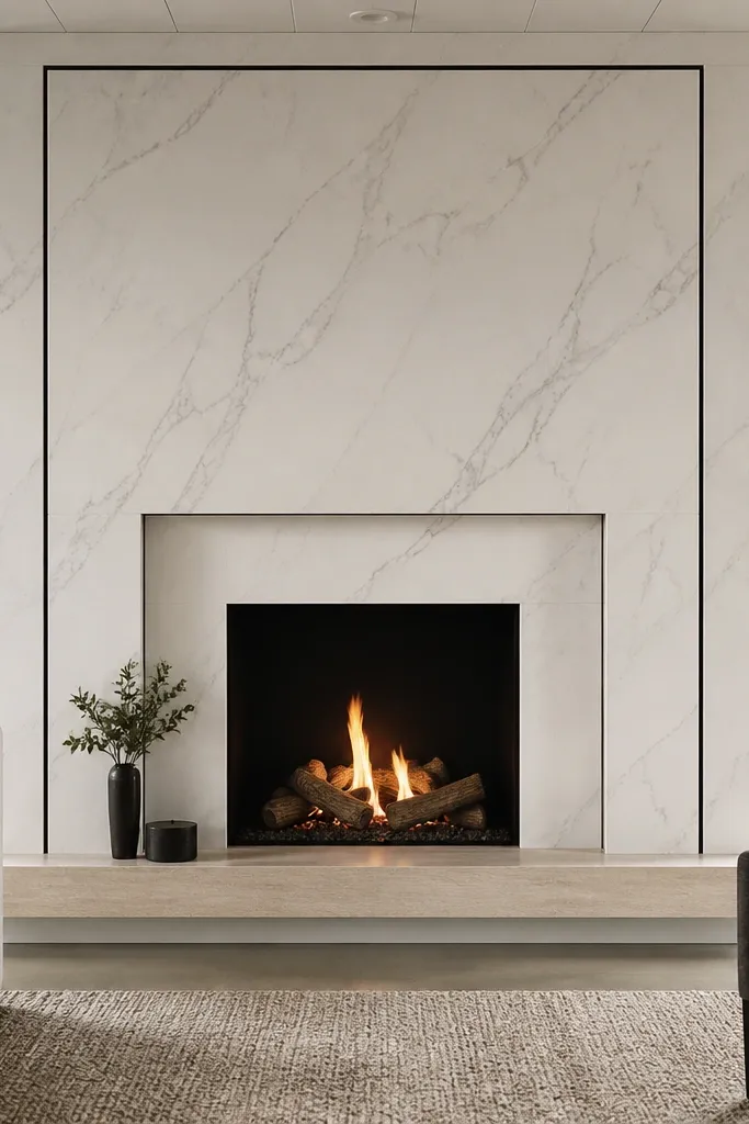 White marble-look porcelain fireplace with thin black trim lines