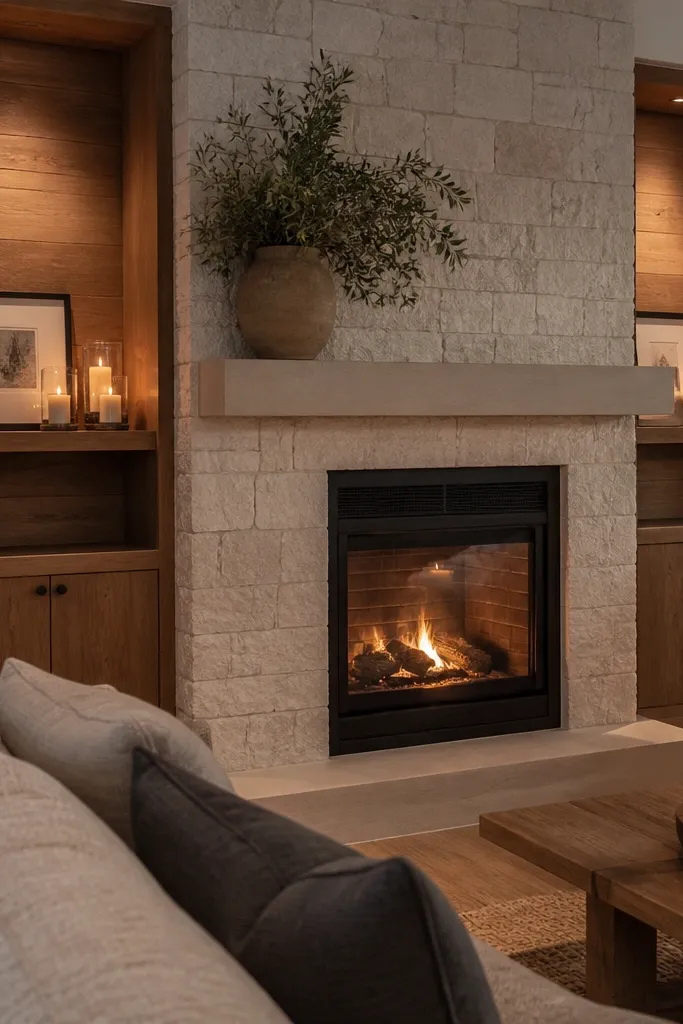White stone fireplace with shiplap niches on both sides