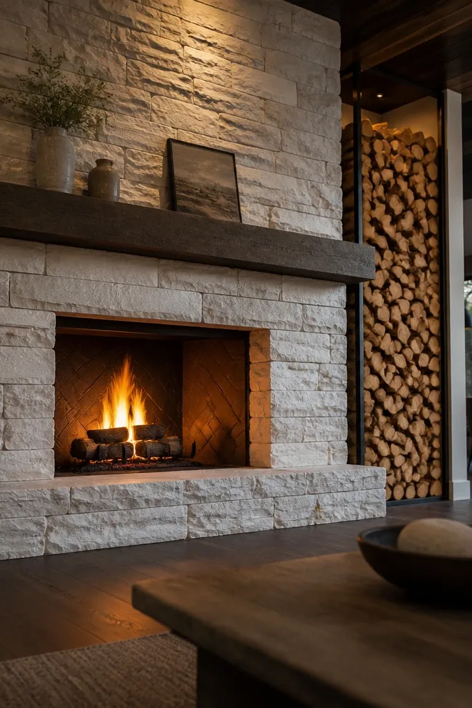 White stone fireplace with stacked hearth and vertical log storage column