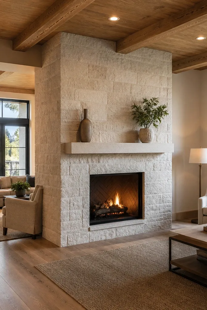 White stone fireplace wrapped around a corner with simple mantel