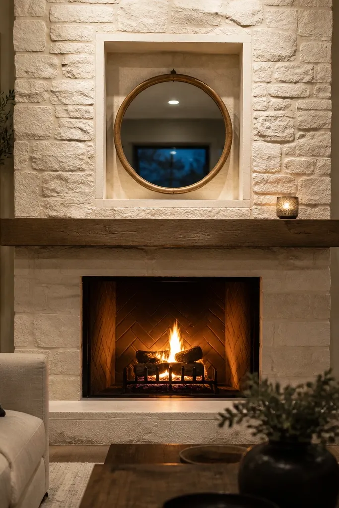 White stone fireplace with recessed frame niche above mantel