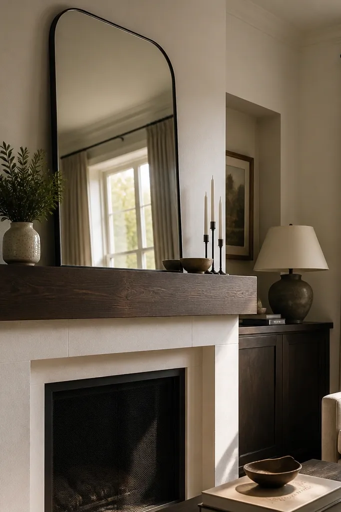 White stone fireplace with dark wood mantel and large mirror
