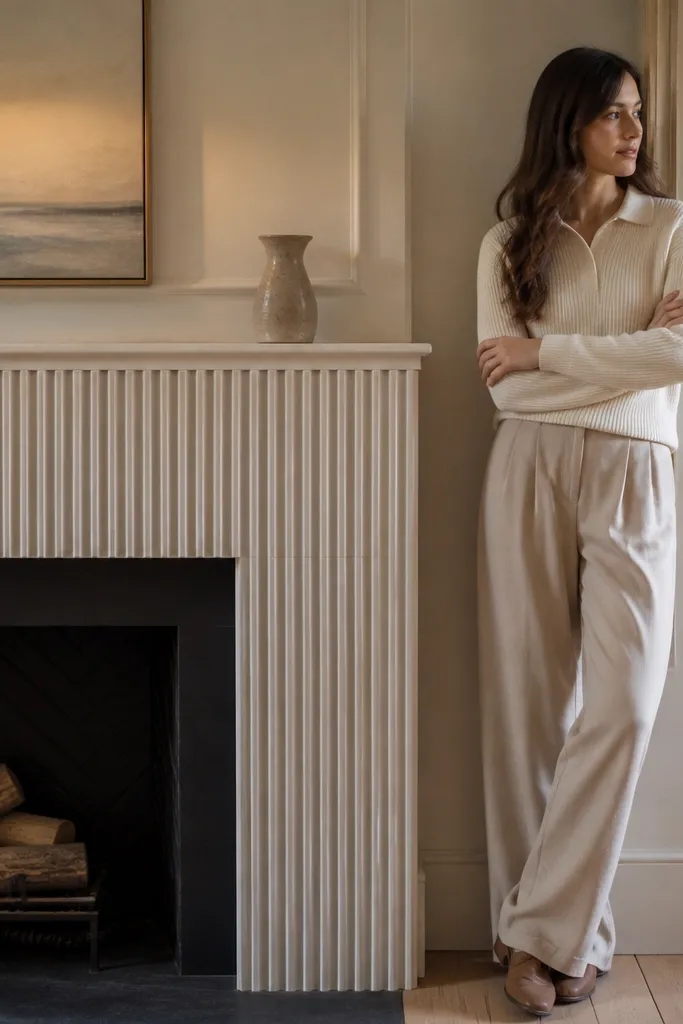 White stone fireplace with fluted mantel facade in cream paint