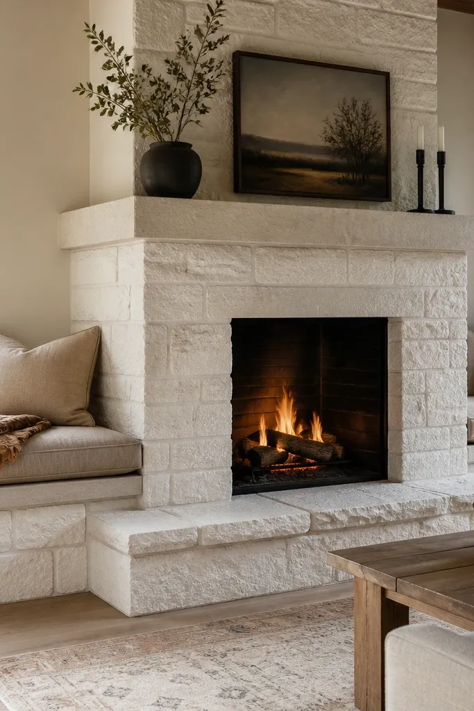 White stone half-wall fireplace with built-in bench seating nooks