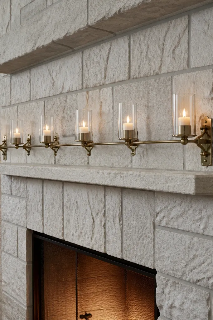 White stone fireplace with soft gray grout and candle sconce rail