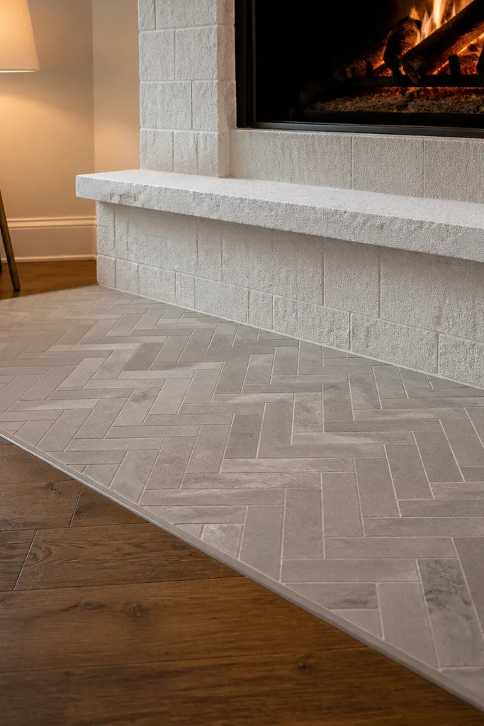 White stone fireplace with wide herringbone hearth extension in gray tones