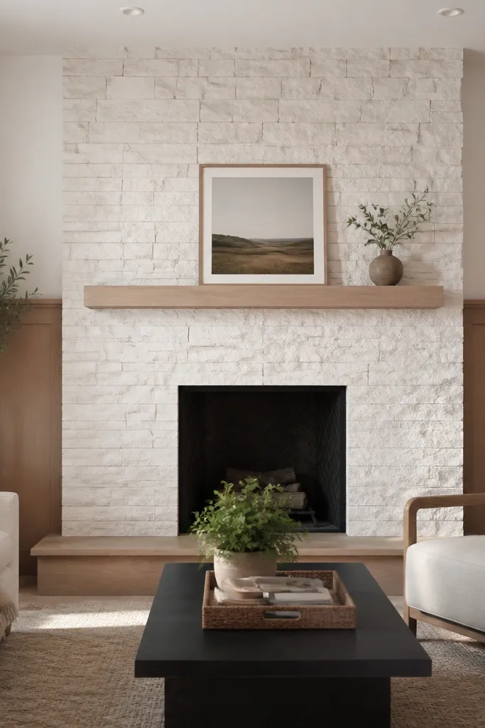 White stone fireplace with wainscot paneling below and warm trim