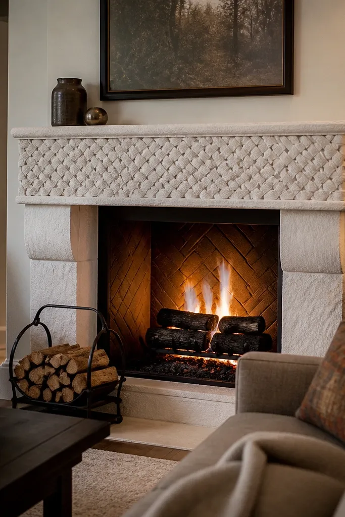 White stone fireplace with basket-style mantel and neatly stacked floor logs