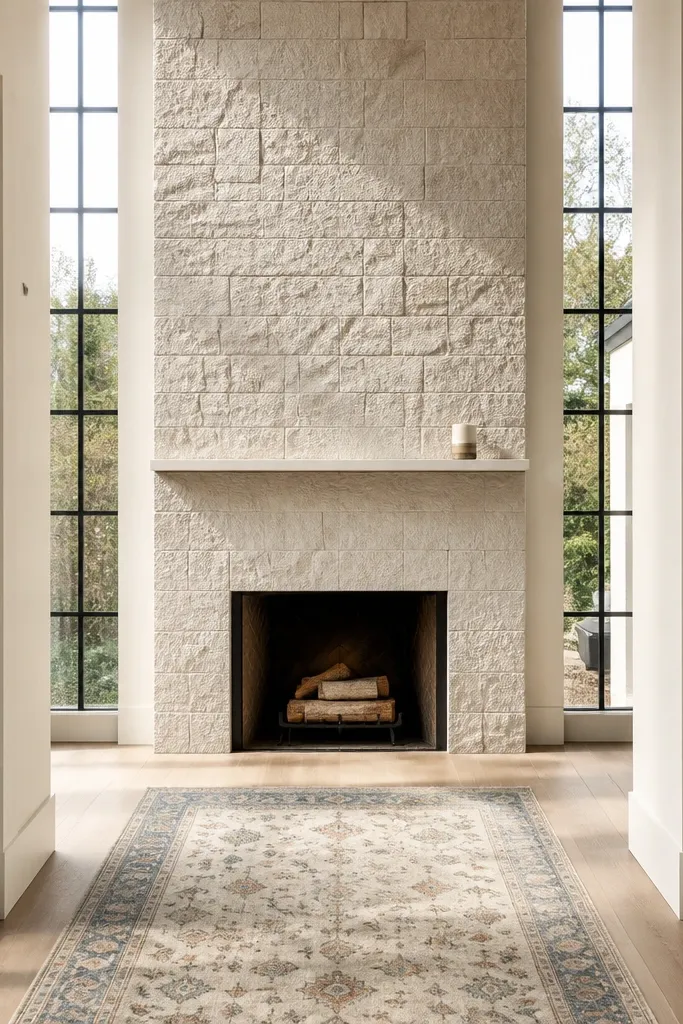 White stone fireplace with tall side panels and narrow trim details