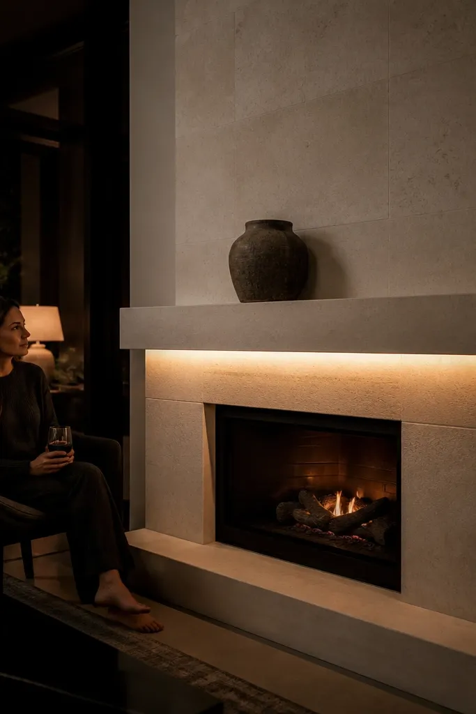 White stone fireplace with recessed LED channel under mantel