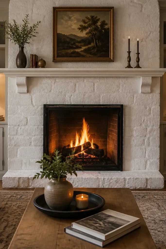 White stone fireplace with mantel wrap and matching side table nooks