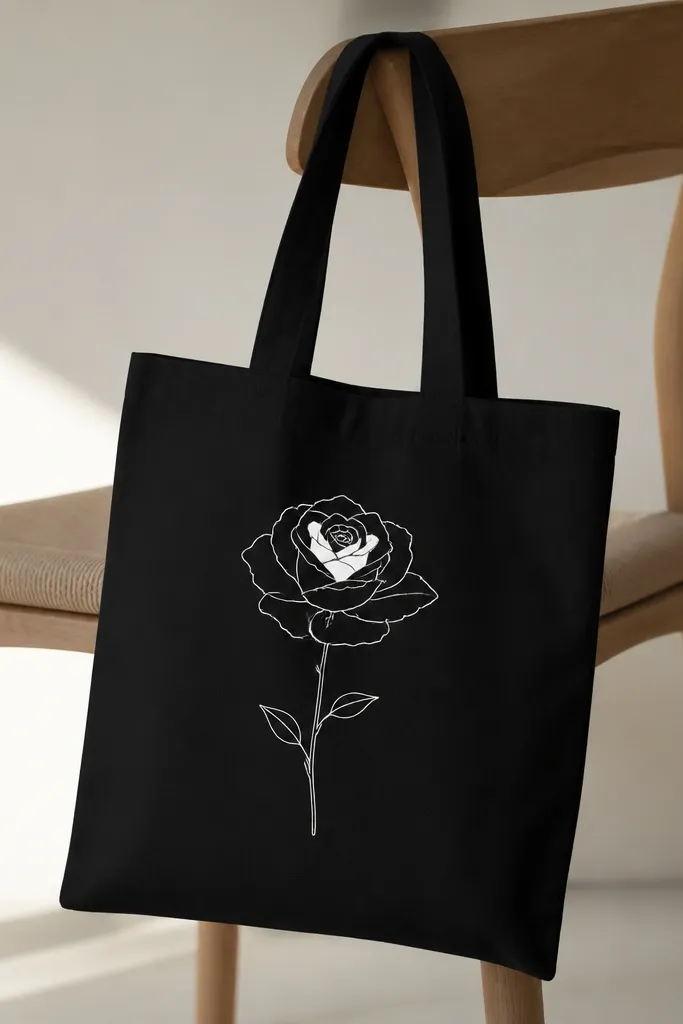 A black tote has a single white rose on the front. The petals are mostly black, outlined in white, with a few petals filled solid white near the center. There's a thin stem and two small leaves in white linework.