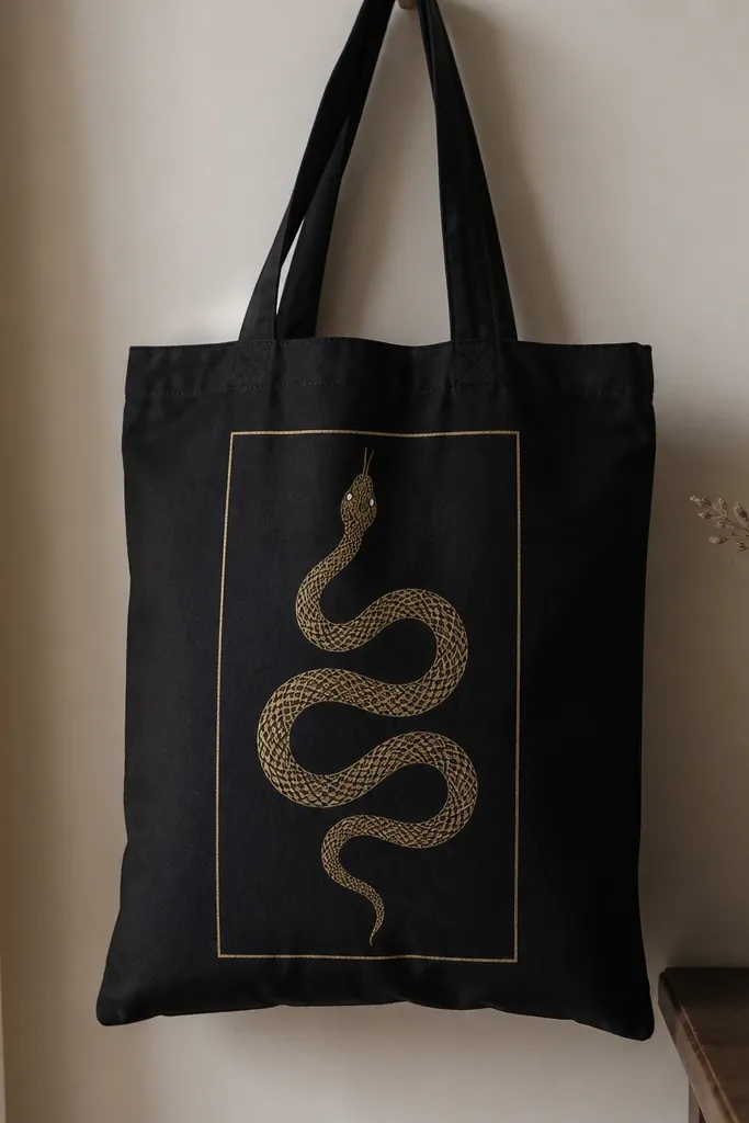 On a black tote, a thin rectangular frame sits centered. Inside it, a gold serpent coils in a looping S shape with tiny scale dots and a small eye highlight in white.