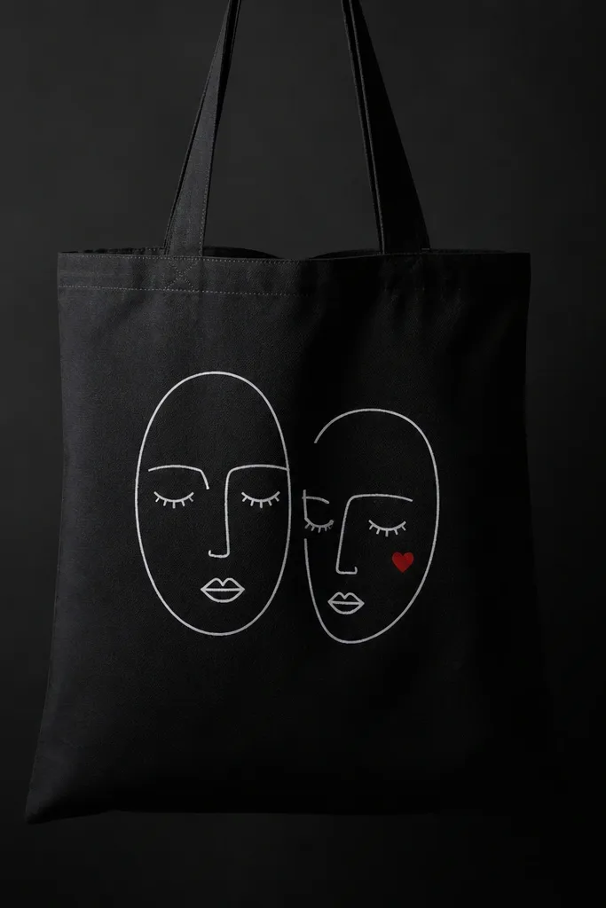 A black tote shows two minimalist faces drawn in white lines. The eyes and mouth are white, and one face has a small red heart on the cheek area. The background is black with no fill.