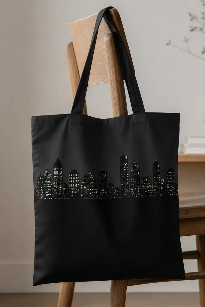 A black tote features a city skyline silhouette in deep charcoal/black with a bright band of white windows across the buildings. The skyline sits in the upper half of the bag, with a clean horizon line.