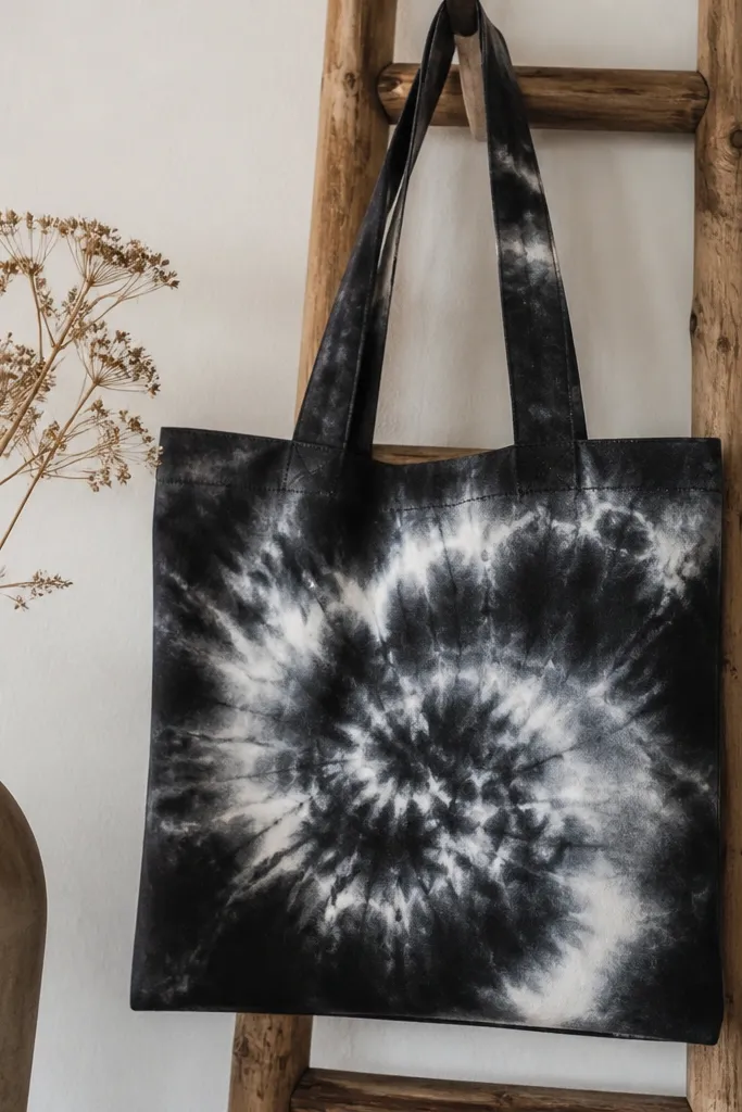 A black tote shows soft swirling bands like tie dye. The swirls are painted in white with some gray gradients, creating a cloudy, smoky spiral pattern across the center panel.